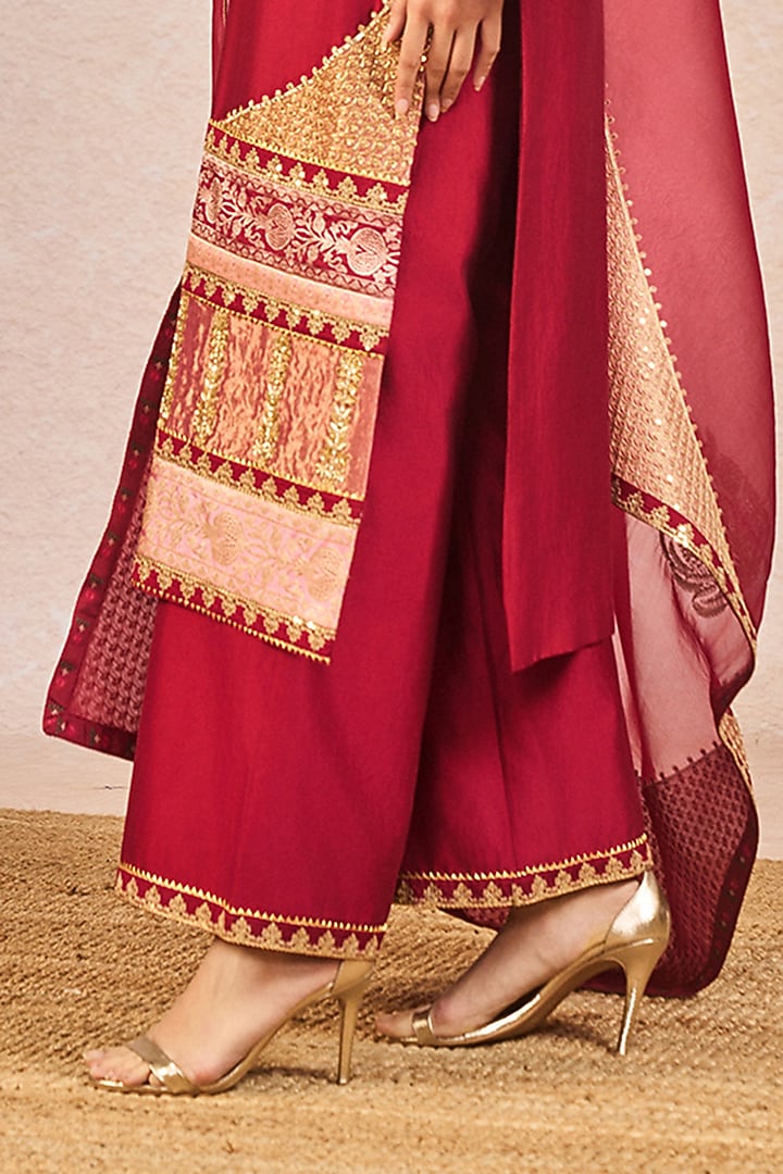 Cranberry Red Silk Kolar Mocha Motif Embroidered Kurta Set by Masaba at Pernia's Pop Up Shop