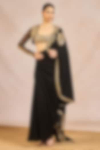 Black Crepe Sitara & Dori Embroidered Draped Reception Saree Set by Masaba at Pernia's Pop Up Shop