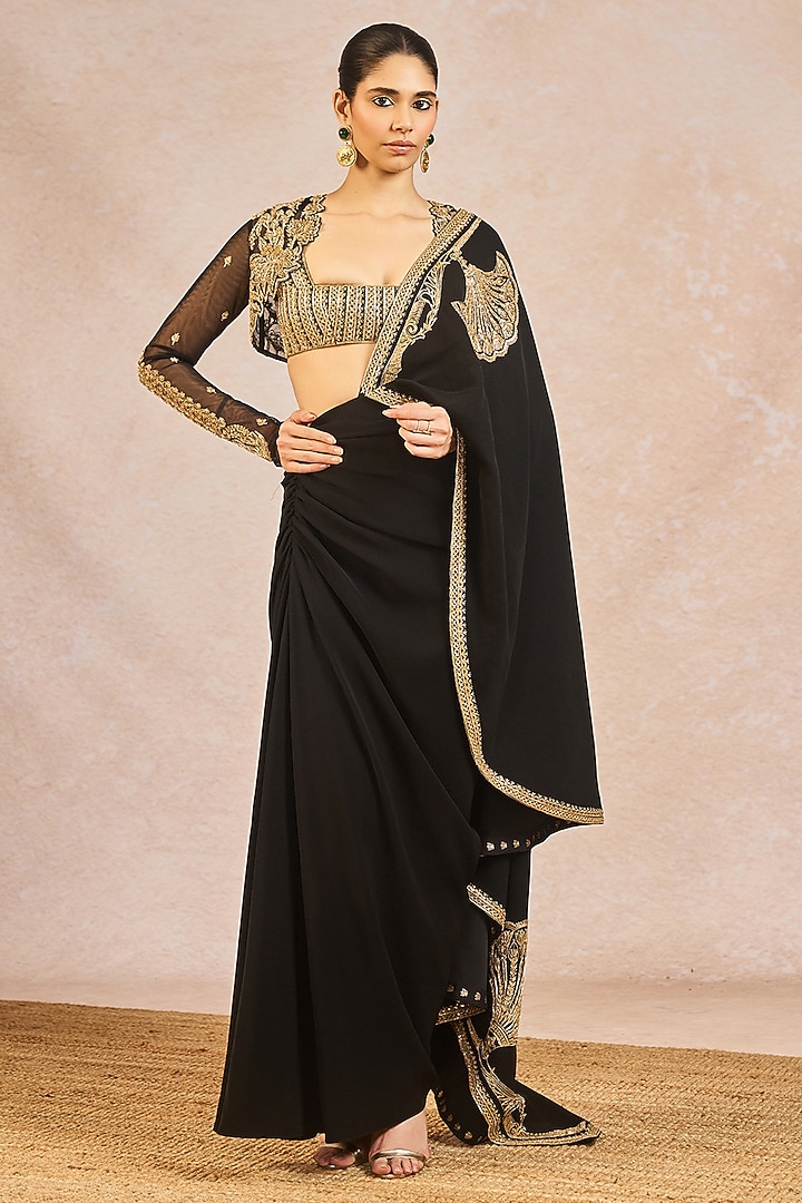 Black Crepe Sitara & Dori Embroidered Draped Reception Saree Set by Masaba at Pernia's Pop Up Shop