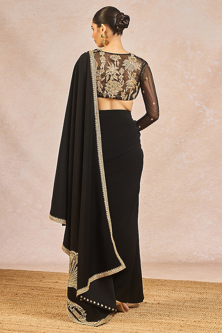 Black Crepe Sitara & Dori Embroidered Draped Reception Saree Set by Masaba at Pernia's Pop Up Shop