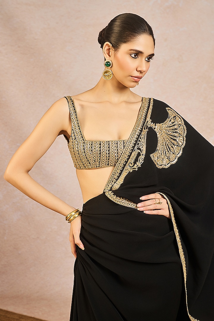 Black Crepe Sitara & Dori Embroidered Draped Reception Saree Set by Masaba at Pernia's Pop Up Shop