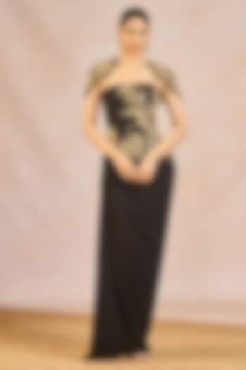 Black Moss Crepe Draped Skirt Set by Masaba at Pernia's Pop Up Shop