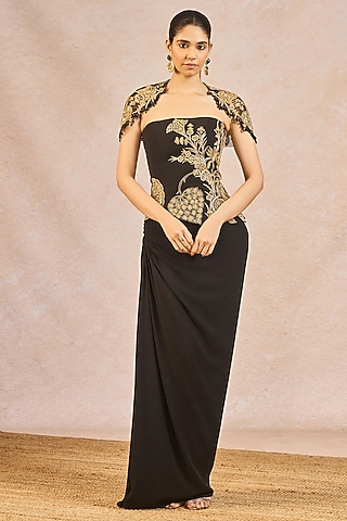 Black Moss Crepe Draped Skirt Set by Masaba