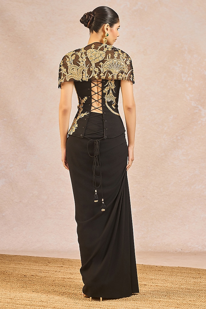 Black Moss Crepe Draped Skirt Set by Masaba at Pernia's Pop Up Shop