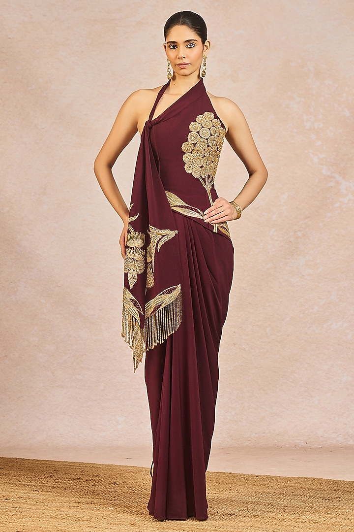 Plum Crepe Draped Skirt Set by Masaba at Pernia's Pop Up Shop