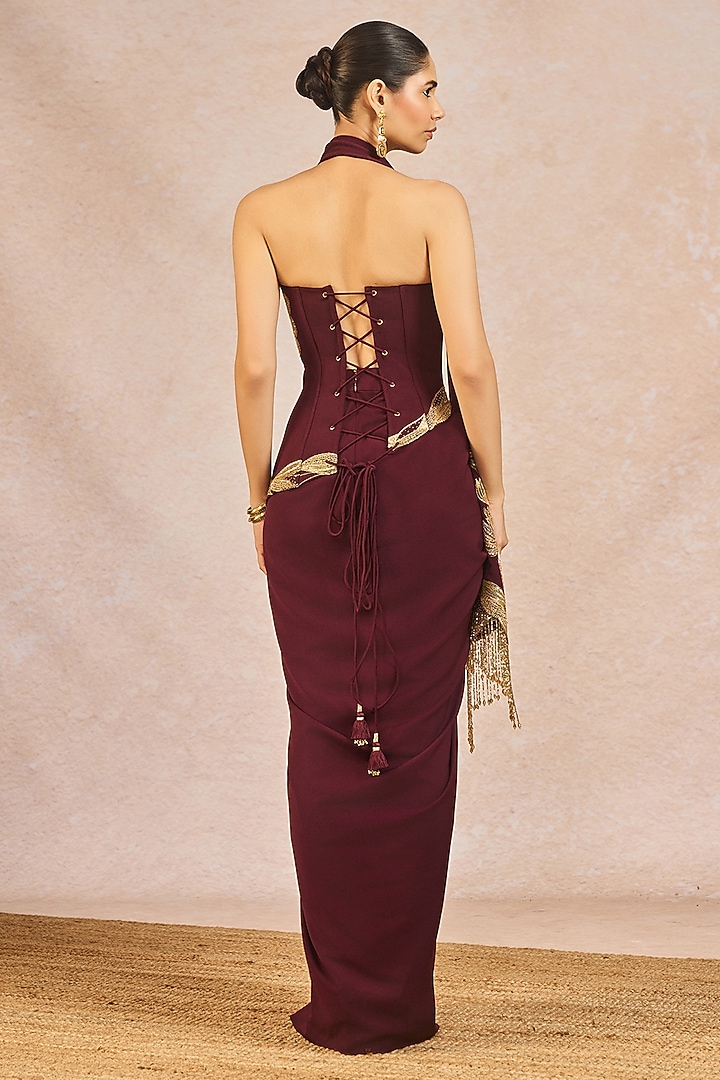 Plum Crepe Draped Skirt Set by Masaba at Pernia's Pop Up Shop