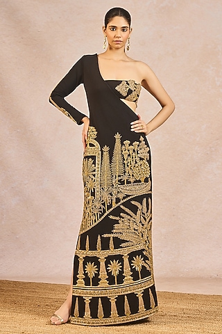 Black Scuba Georgette Mithi Makaai Embroidered One-Shoulder Gown by Masaba