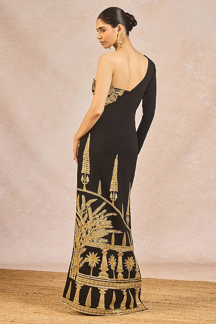 Black Scuba Georgette Mithi Makaai Embroidered One-Shoulder Wedding Gown by Masaba at Pernia's Pop Up Shop