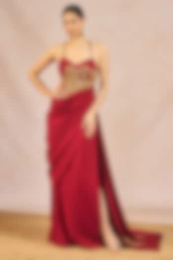 Red Crepe Mithi Makaai Motif Embroidered Sculpted Wedding Gown by Masaba at Pernia's Pop Up Shop