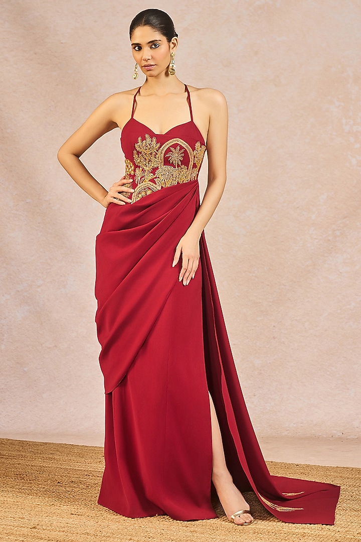 Red Crepe Mithi Makaai Motif Embroidered Sculpted Wedding Gown by Masaba at Pernia's Pop Up Shop