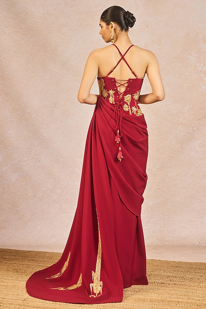 Red Crepe Mithi Makaai Motif Embroidered Sculpted Wedding Gown by Masaba at Pernia's Pop Up Shop