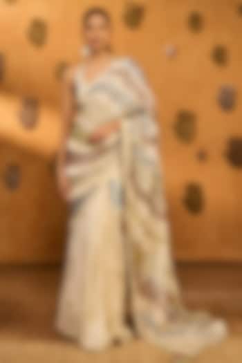 Ivory Raw Silk Foil Printed Wedding Saree Set by Masaba at Pernia's Pop Up Shop
