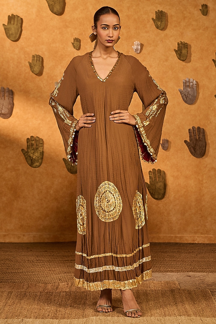Mocha Colored Crepe Printed Kaftan by Masaba at Pernia's Pop Up Shop