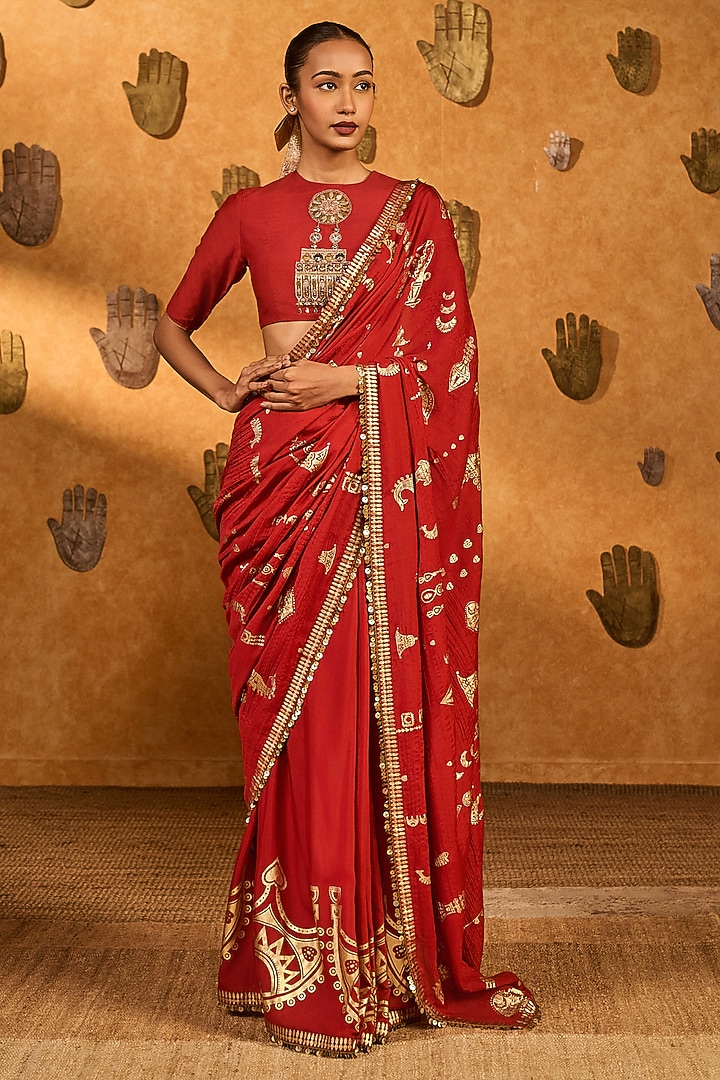 Red Mul Silk Gold Foil Printed Wedding Saree Set by Masaba at Pernia's Pop Up Shop
