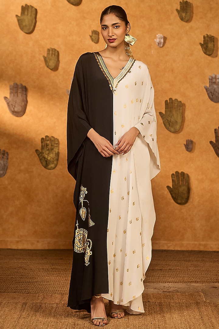 Black & Ivory Crepe Foil Printed Kaftan by Masaba at Pernia's Pop Up Shop