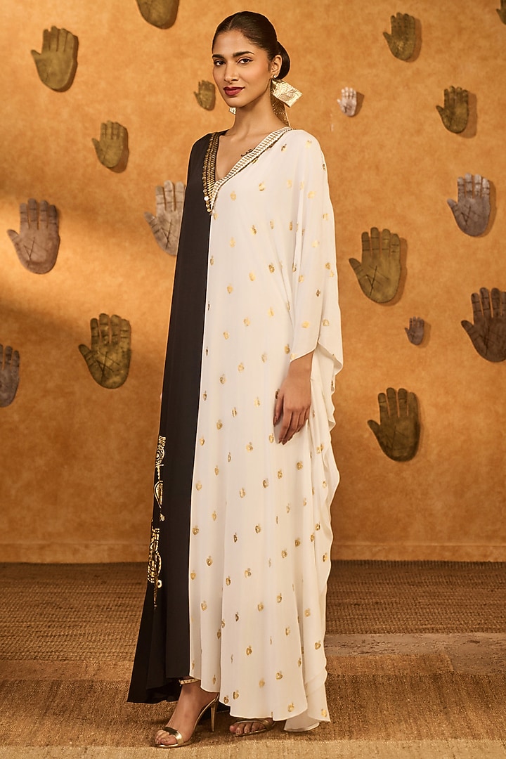 Black & Ivory Crepe Foil Printed Kaftan by Masaba at Pernia's Pop Up Shop