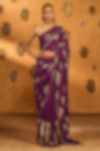 Berry Colored Raw Silk Foil Printed Wedding Saree Set by Masaba at Pernia's Pop Up Shop