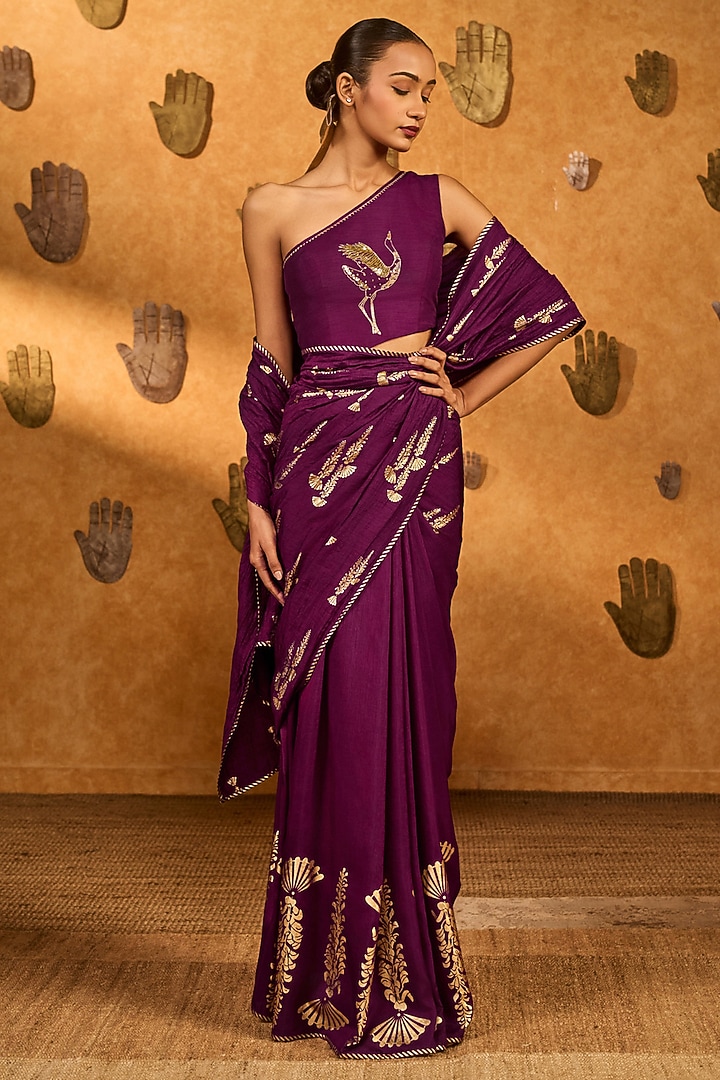 Berry Colored Raw Silk Foil Printed Wedding Saree Set by Masaba at Pernia's Pop Up Shop