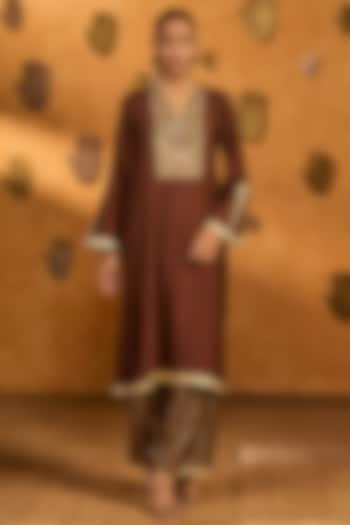 Sepia Colored Raw Silk Foil Printed & Embroidered Kurta Set by Masaba at Pernia's Pop Up Shop