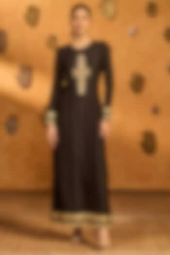 Black Raw Silk Foil Printed & Embroidered Kurta Set by Masaba at Pernia's Pop Up Shop