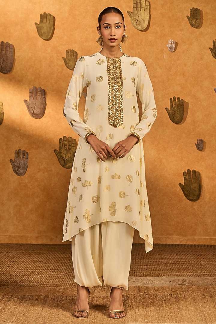 Ivory Crepe Silk Printed & Embroidered Kurta Set by Masaba at Pernia's Pop Up Shop