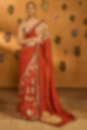 Rust Raw Silk Foil Printed & Embellished Wedding Saree Set by Masaba at Pernia's Pop Up Shop