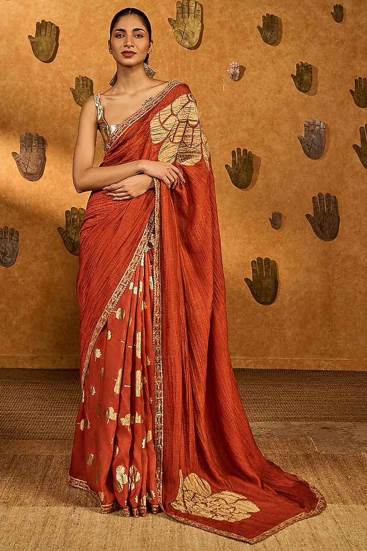 Rust Raw Silk Foil Printed & Embellished Wedding Saree Set by Masaba at Pernia's Pop Up Shop