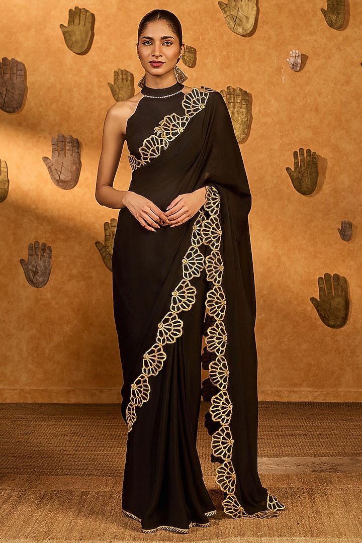 Black Chiffon Gota Embroidered Wedding Saree Set by Masaba at Pernia's Pop Up Shop