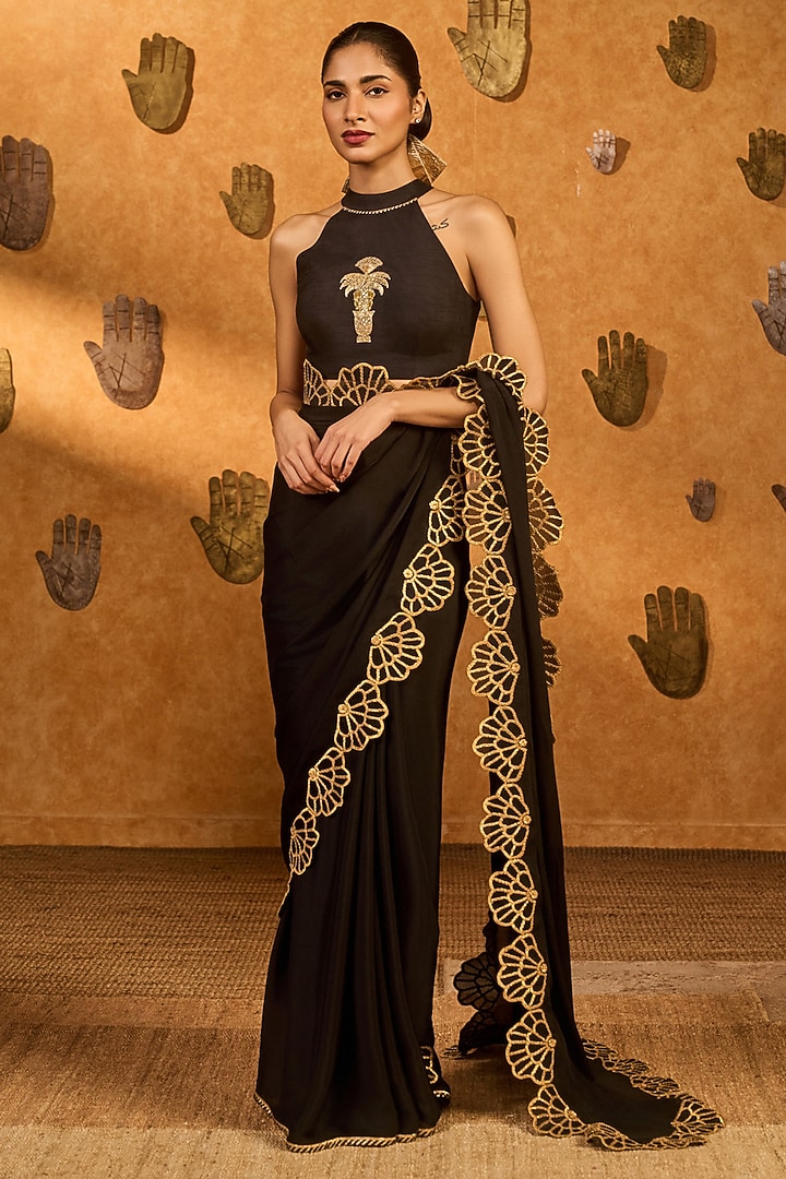 Black Chiffon Gota Embroidered Wedding Saree Set by Masaba at Pernia's Pop Up Shop