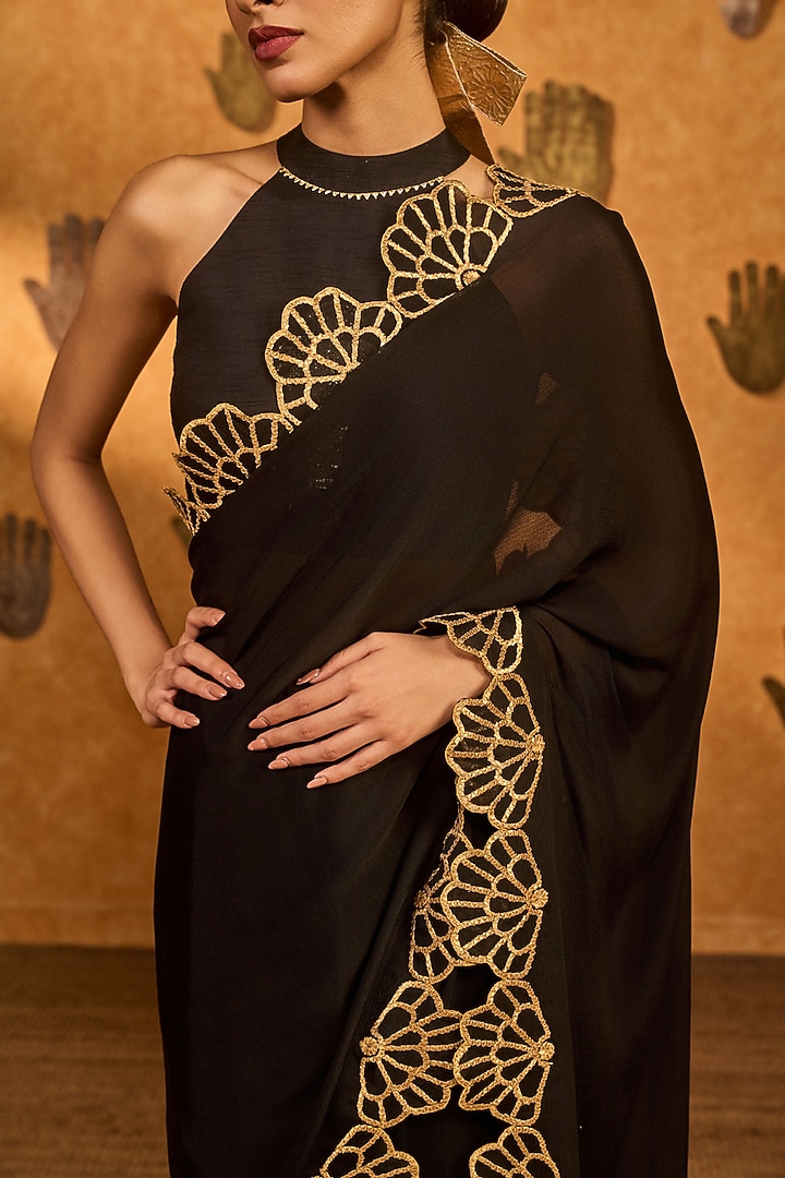 Black Chiffon Gota Embroidered Wedding Saree Set by Masaba at Pernia's Pop Up Shop