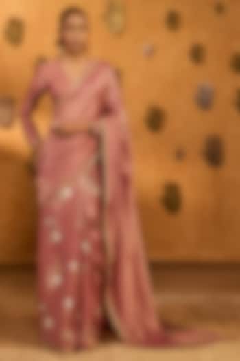 Mauve Tissue Silk Foil Printed & Embroidered Wedding Saree Set by Masaba at Pernia's Pop Up Shop