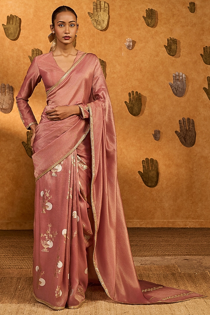 Mauve Tissue Silk Foil Printed & Embroidered Wedding Saree Set by Masaba at Pernia's Pop Up Shop