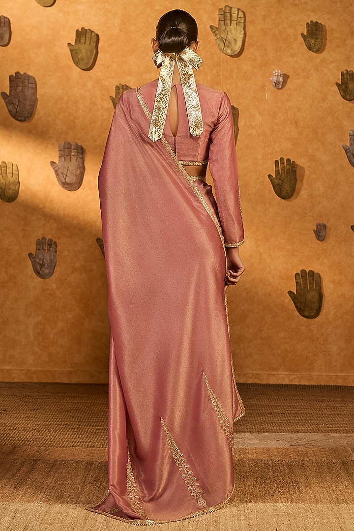 Mauve Tissue Silk Foil Printed & Embroidered Wedding Saree Set by Masaba at Pernia's Pop Up Shop