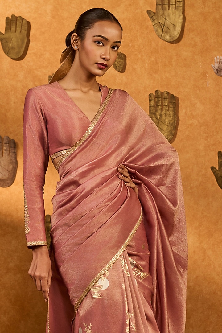 Mauve Tissue Silk Foil Printed & Embroidered Wedding Saree Set by Masaba at Pernia's Pop Up Shop