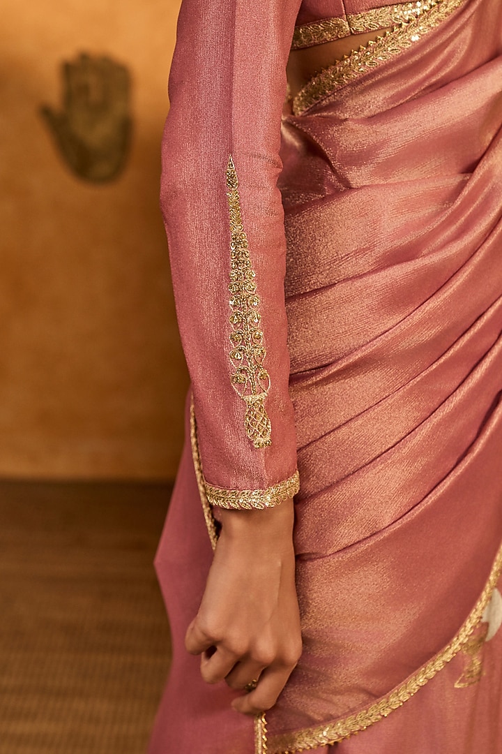 Mauve Tissue Silk Foil Printed & Embroidered Wedding Saree Set by Masaba at Pernia's Pop Up Shop