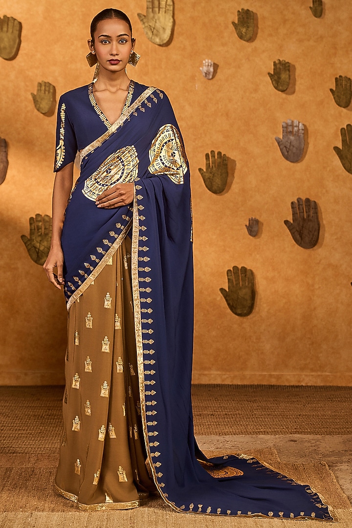 Mocha Brown & Sapphire Blue Crepe Foil Printed Party Wear Saree Set by Masaba at Pernia's Pop Up Shop