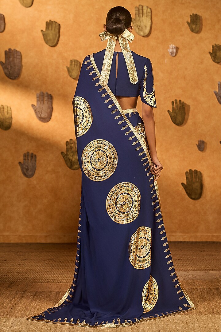 Mocha Brown & Sapphire Blue Crepe Foil Printed Party Wear Saree Set by Masaba at Pernia's Pop Up Shop