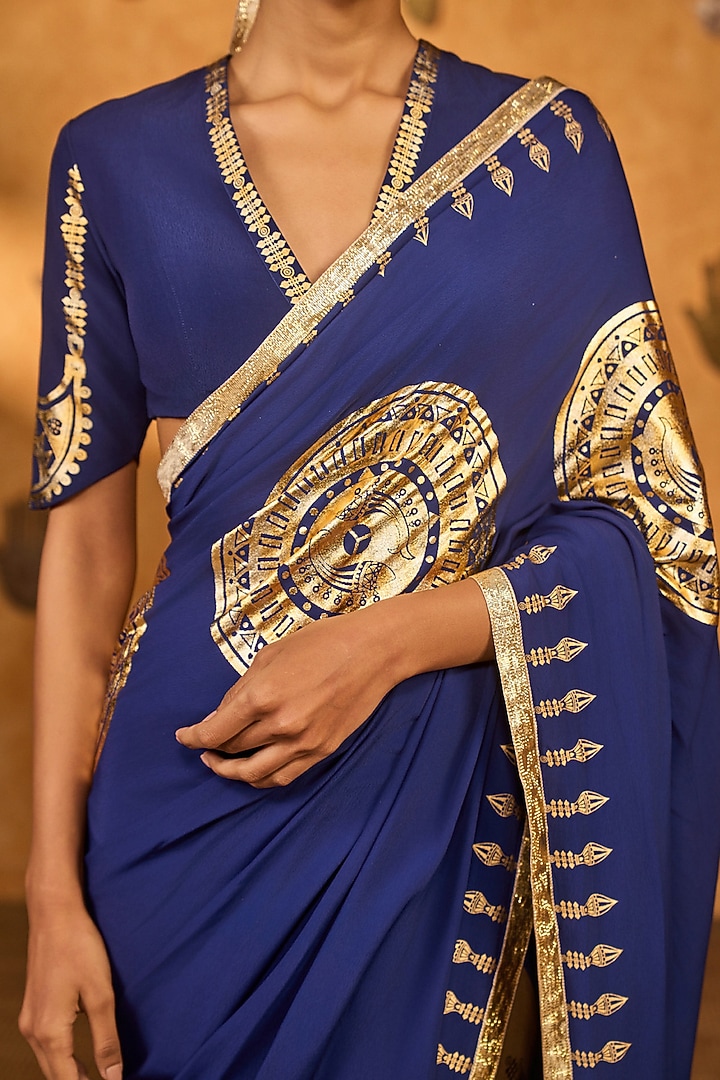 Mocha Brown & Sapphire Blue Crepe Foil Printed Party Wear Saree Set by Masaba at Pernia's Pop Up Shop