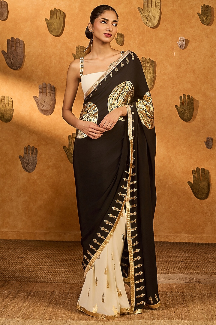Black & Ivory Crepe Moonfish Foil Printed Party Wear Saree Set by Masaba at Pernia's Pop Up Shop