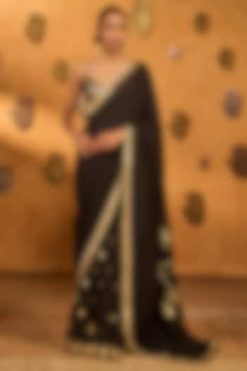 Black Raw Silk Foil Printed Wedding Saree Set by Masaba at Pernia's Pop Up Shop