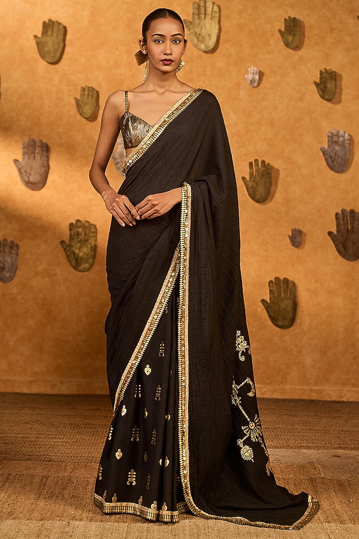 Black Raw Silk Foil Printed Wedding Saree Set by Masaba at Pernia's Pop Up Shop