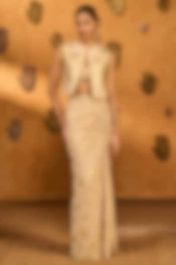 Beige Crepe Silk Printed Draped Skirt Set by Masaba at Pernia's Pop Up Shop