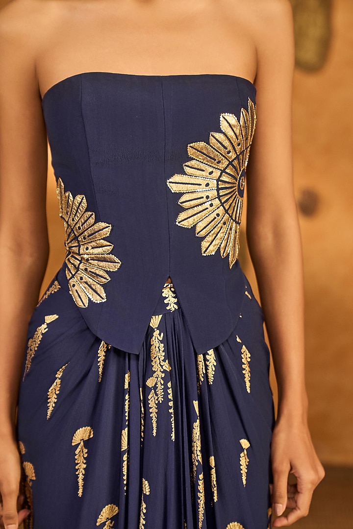 Navy Blue Crepe Silk Printed Draped Skirt Set by Masaba at Pernia's Pop Up Shop
