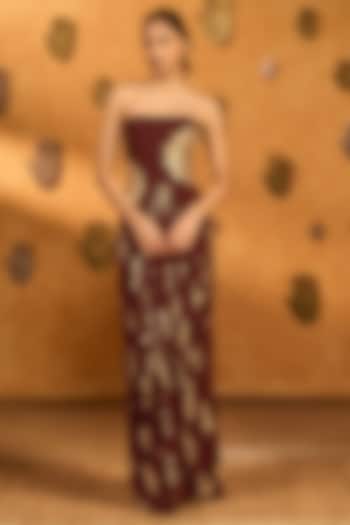 Plum Crepe Silk Printed Draped Skirt Set by Masaba at Pernia's Pop Up Shop