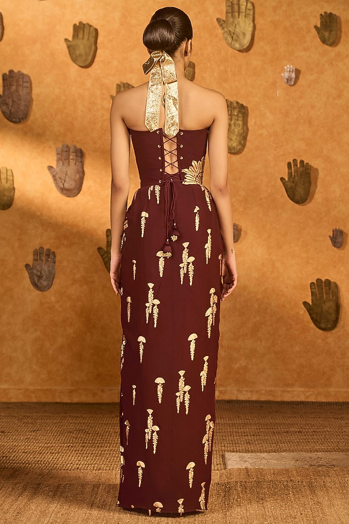 Plum Crepe Silk Printed Draped Skirt Set by Masaba at Pernia's Pop Up Shop