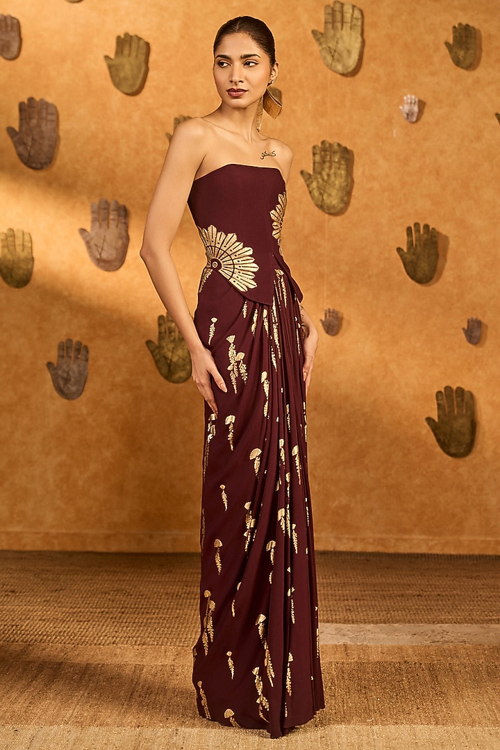 Plum Crepe Silk Printed Draped Skirt Set by Masaba at Pernia's Pop Up Shop