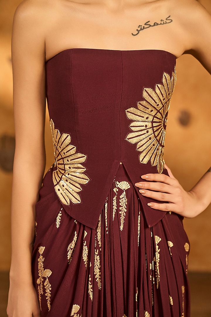 Plum Crepe Silk Printed Draped Skirt Set by Masaba at Pernia's Pop Up Shop