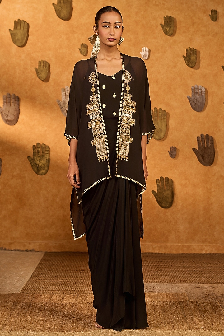 Black Organza Hand Embroidered & Printed Cape Set by Masaba at Pernia's Pop Up Shop