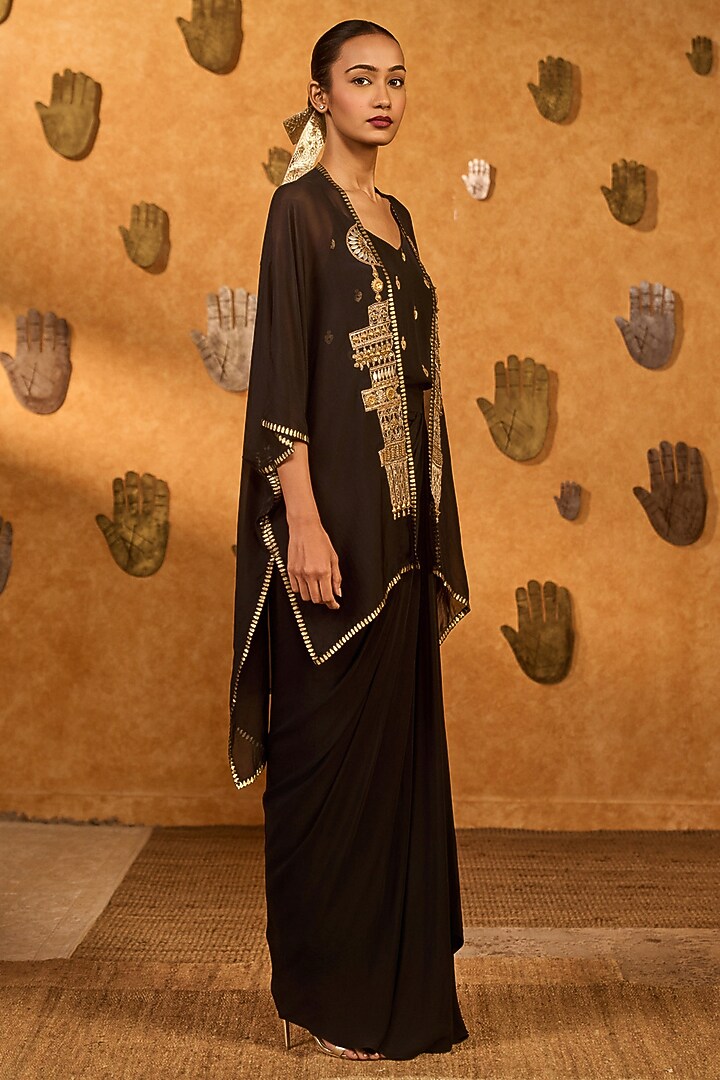 Black Organza Hand Embroidered & Printed Cape Set by Masaba at Pernia's Pop Up Shop