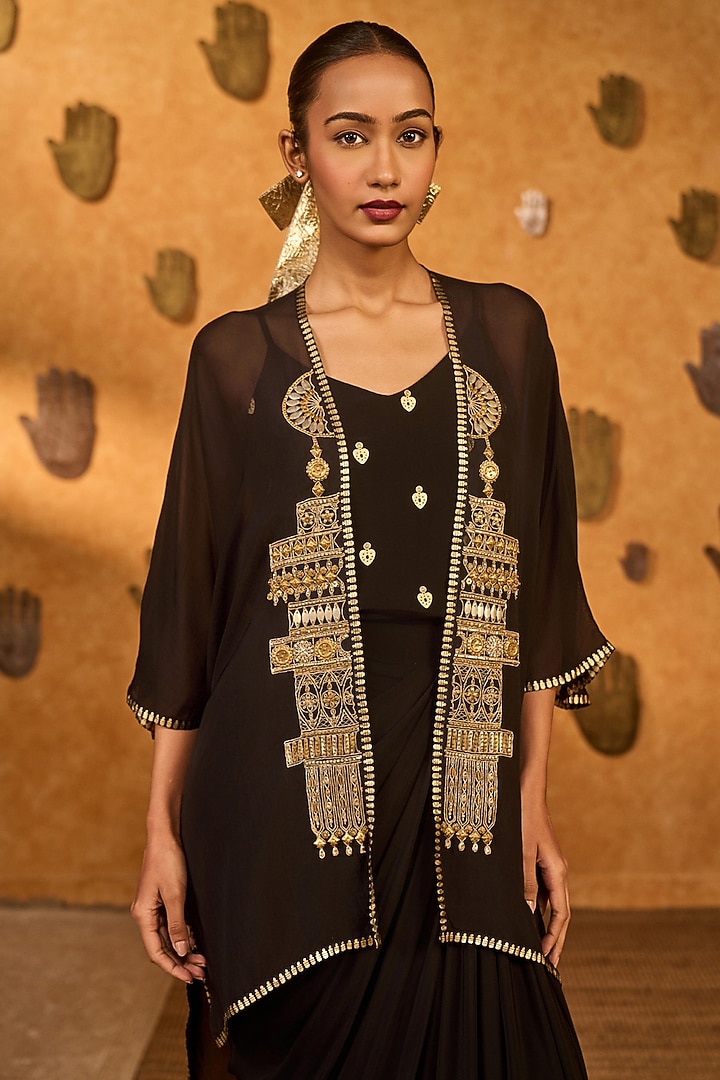 Black Organza Hand Embroidered & Printed Cape Set by Masaba at Pernia's Pop Up Shop